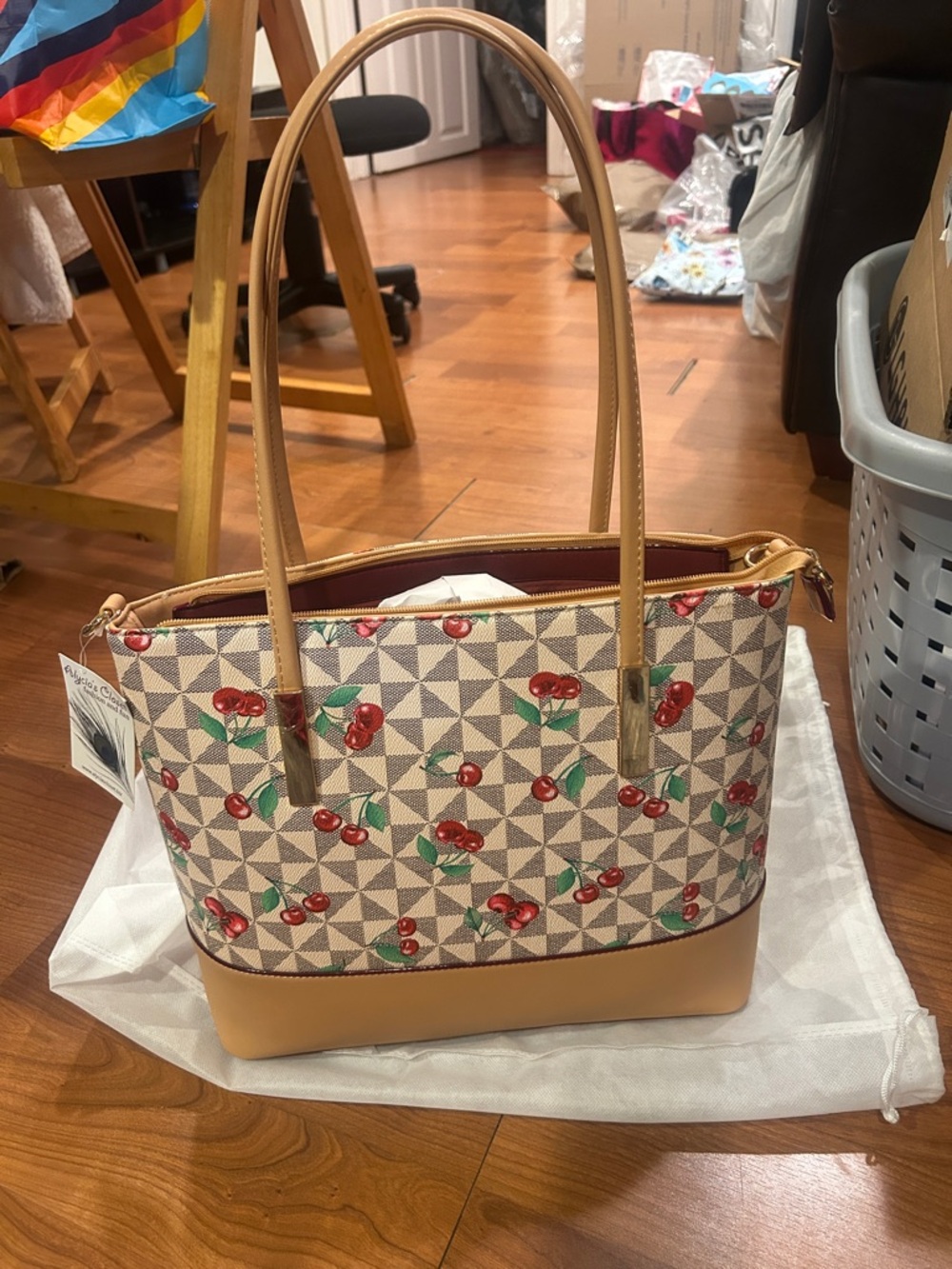 Cherry Print Beige Tote Bag with Tan Trim